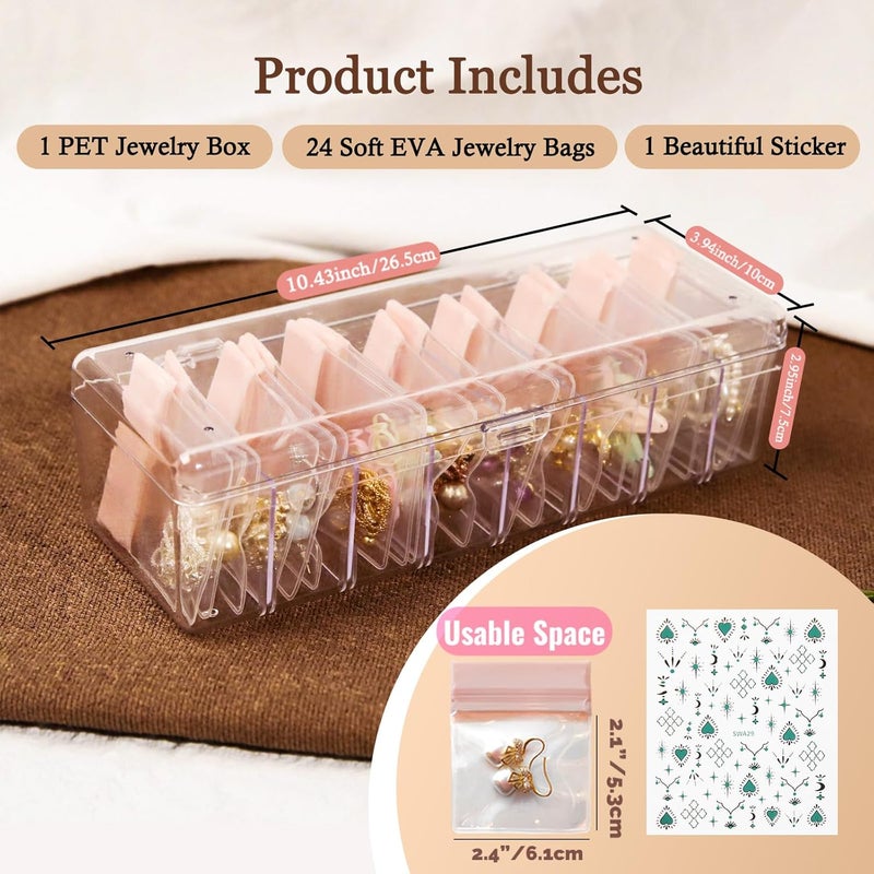 Qryval Jewelry Organizer and Storage Box with 24 EVA Anti Tarnish Bags, Travel Acrylic Case for Earrings, Necklaces & Rings, Elegant Gift for Women & Girls (S&Organizer(Brown)) - Image 2